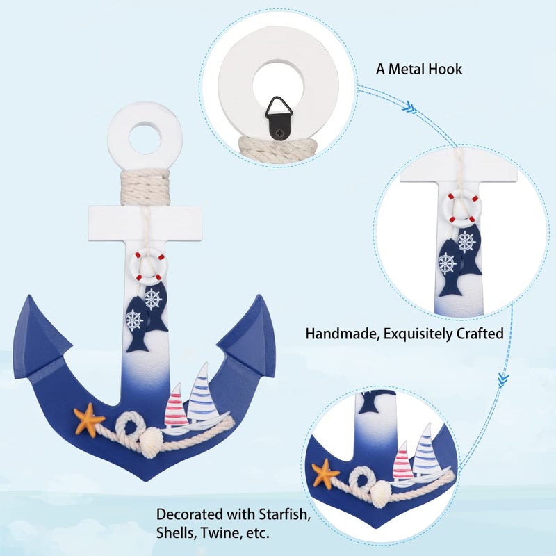 Meching 2 Pack 11" Nautical Beach Wooden Ship Wheel and 11" Wooden Anchor with Rope Nautical Boat Steering Wheel Rudder Anchor Wall Art Decor Door Hanging Ornament Beach Theme Home Decoration(White&Blue) - Image 5